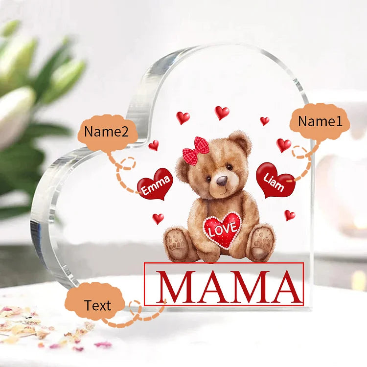 Personalisierte 1-5 Namen & Text Teddybär Herz Familie Acryl-Deko Schreibtischdekoration für Mutter