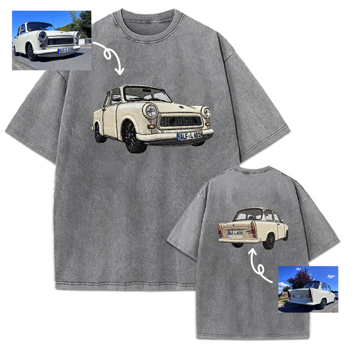 Gewaschener Vintage-Kapuzenpullover mit beidseitiger Auto-Stickerei