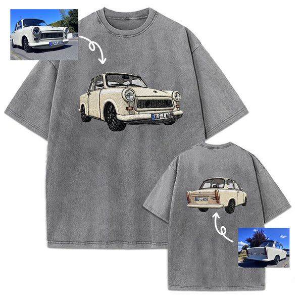 Gewaschener Vintage-Kapuzenpullover mit beidseitiger Auto-Stickerei