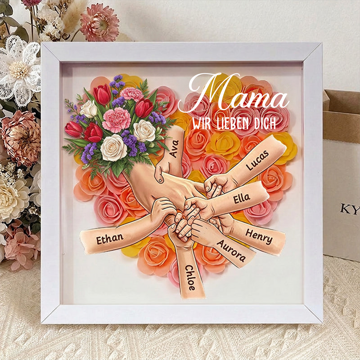 Personalisierte Erinnerungsbox mit weißen Rosen – Mama hält Händchen – Individuell gestalteter Rahmen zum Muttertag