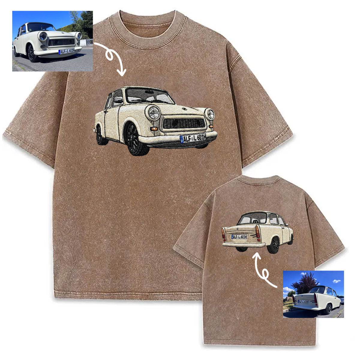 Gewaschener Vintage-Kapuzenpullover mit beidseitiger Auto-Stickerei