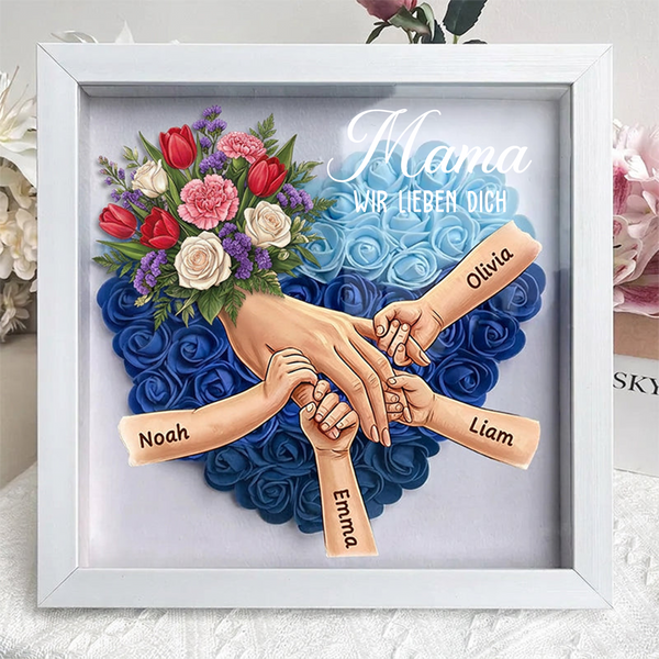 Personalisierte Erinnerungsbox „Mama hält Händchen“ mit weißen Rosen und Nelken – Individuell gestalteter Rahmen zum Muttertag, Geschenk in liebevoller Erinnerung
