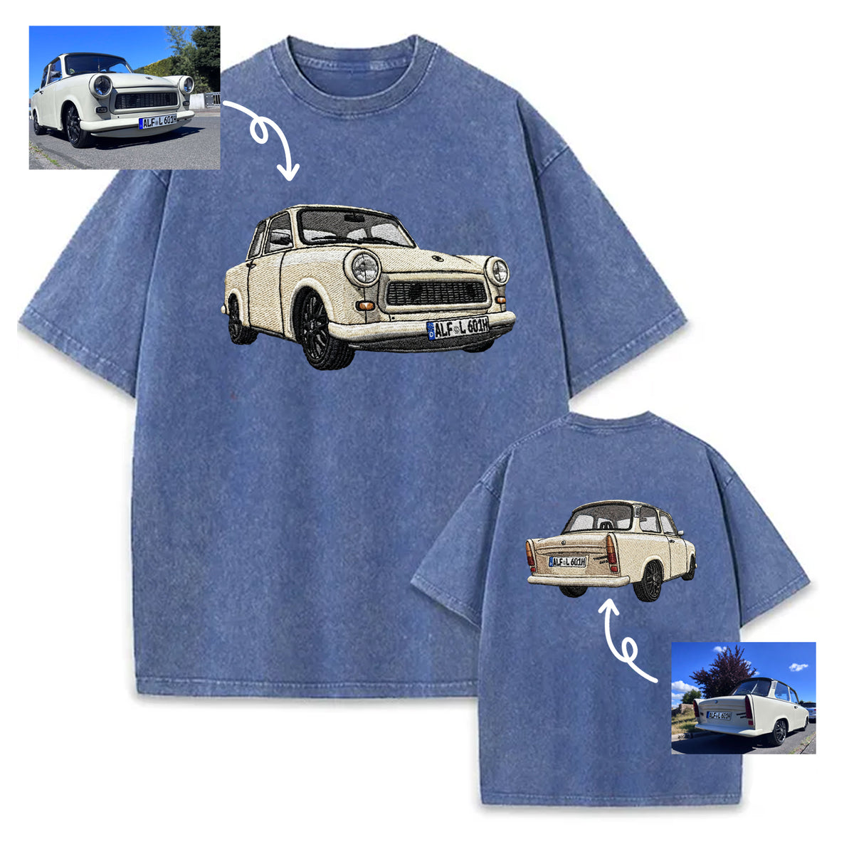 Gewaschener Vintage-Kapuzenpullover mit beidseitiger Auto-Stickerei