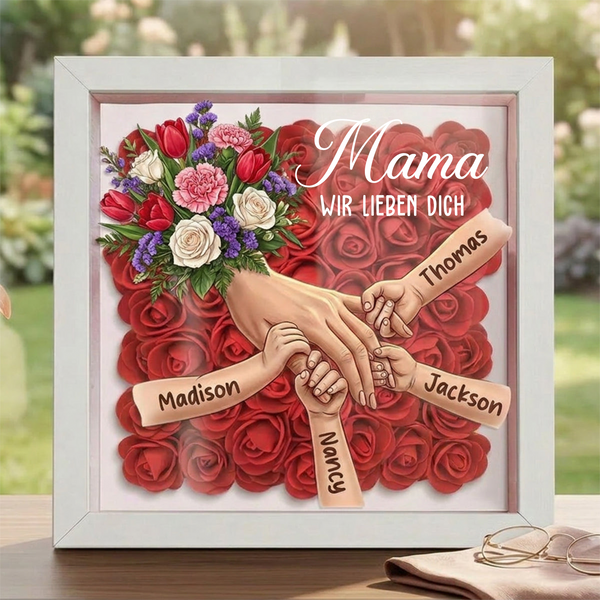 Personalisierte Erinnerungsbox mit weißen Rosen – Mama hält Händchen – Individuell gestalteter Rahmen zum Muttertag