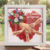 Personalisierte Erinnerungsbox mit weißen Rosen – Mama hält Händchen – Individuell gestalteter Rahmen zum Muttertag