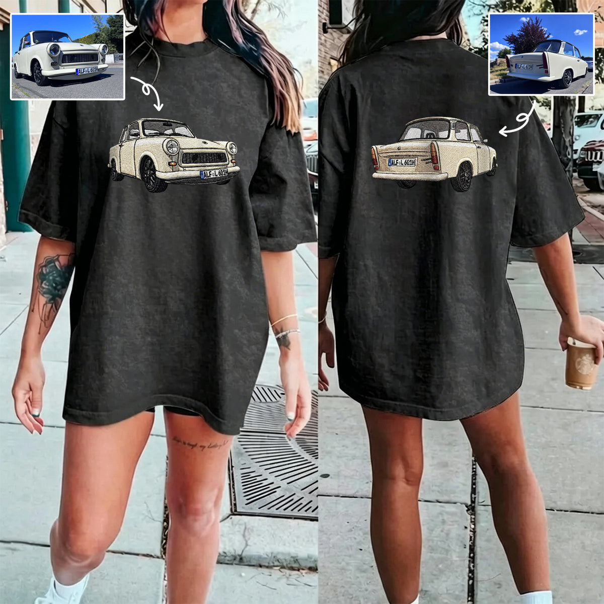 Gewaschener Vintage-Kapuzenpullover mit beidseitiger Auto-Stickerei