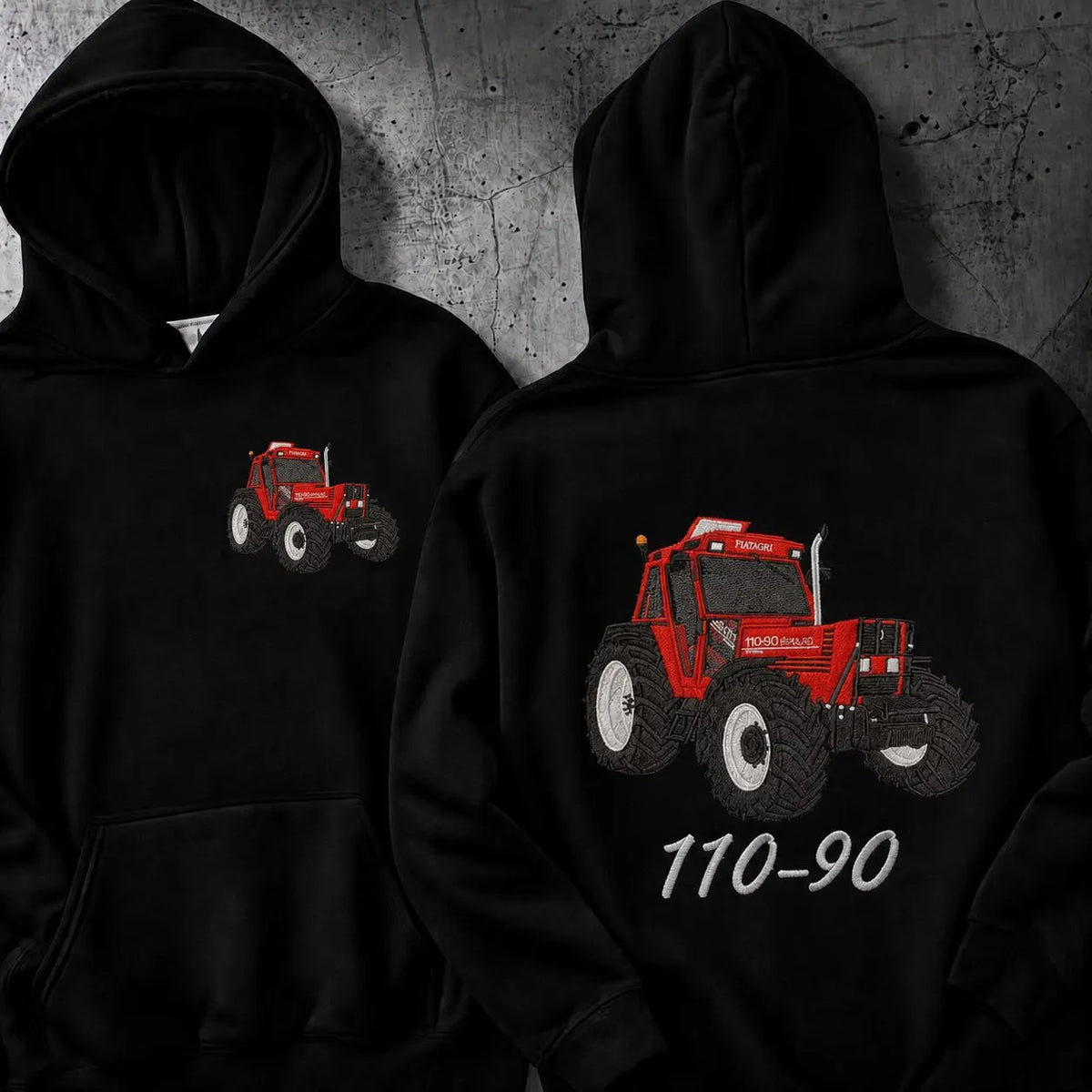 Bestickter Hoodie mit individuellem Traktorenmotiv - personalisiertes Logo auf der Vorderbrust & Traktorenmotiv auf der Rückseite