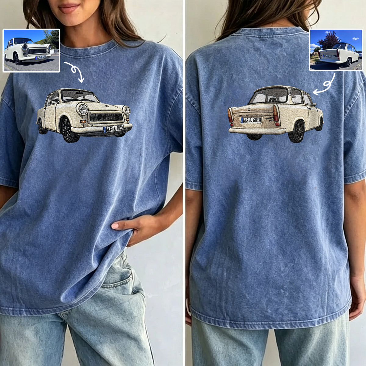 Gewaschener Vintage-Kapuzenpullover mit beidseitiger Auto-Stickerei