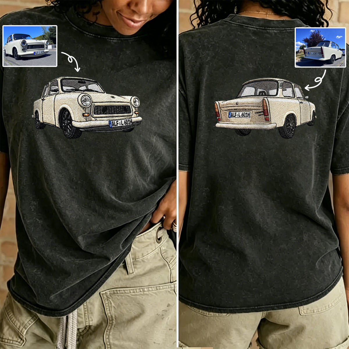 Gewaschener Vintage-Kapuzenpullover mit beidseitiger Auto-Stickerei