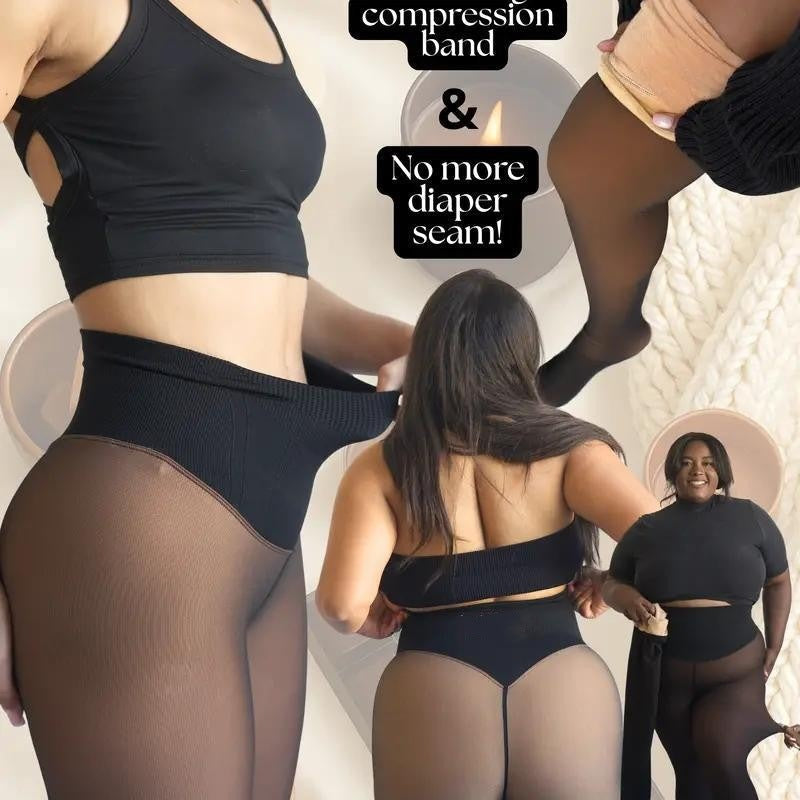Damen Strumpfhose mit Fleecefutter - warme hochtaillierte Wärme-Strumpfhose mit durchscheinender Optik