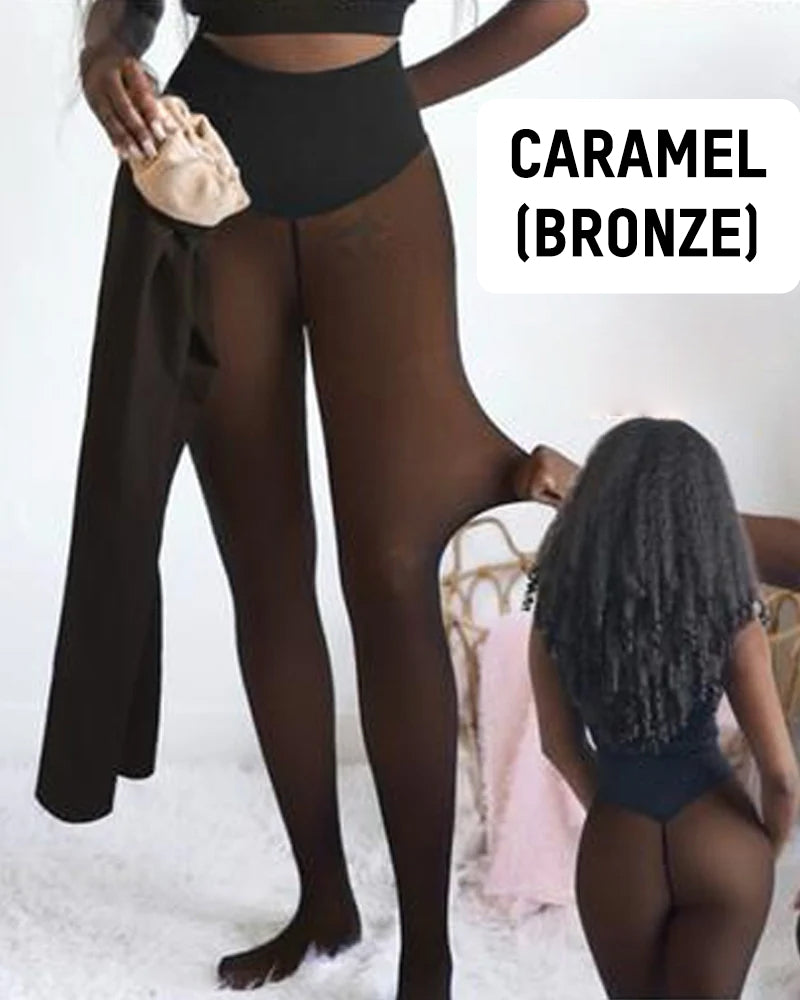 Damen Strumpfhose mit Fleecefutter - warme hochtaillierte Wärme-Strumpfhose mit durchscheinender Optik