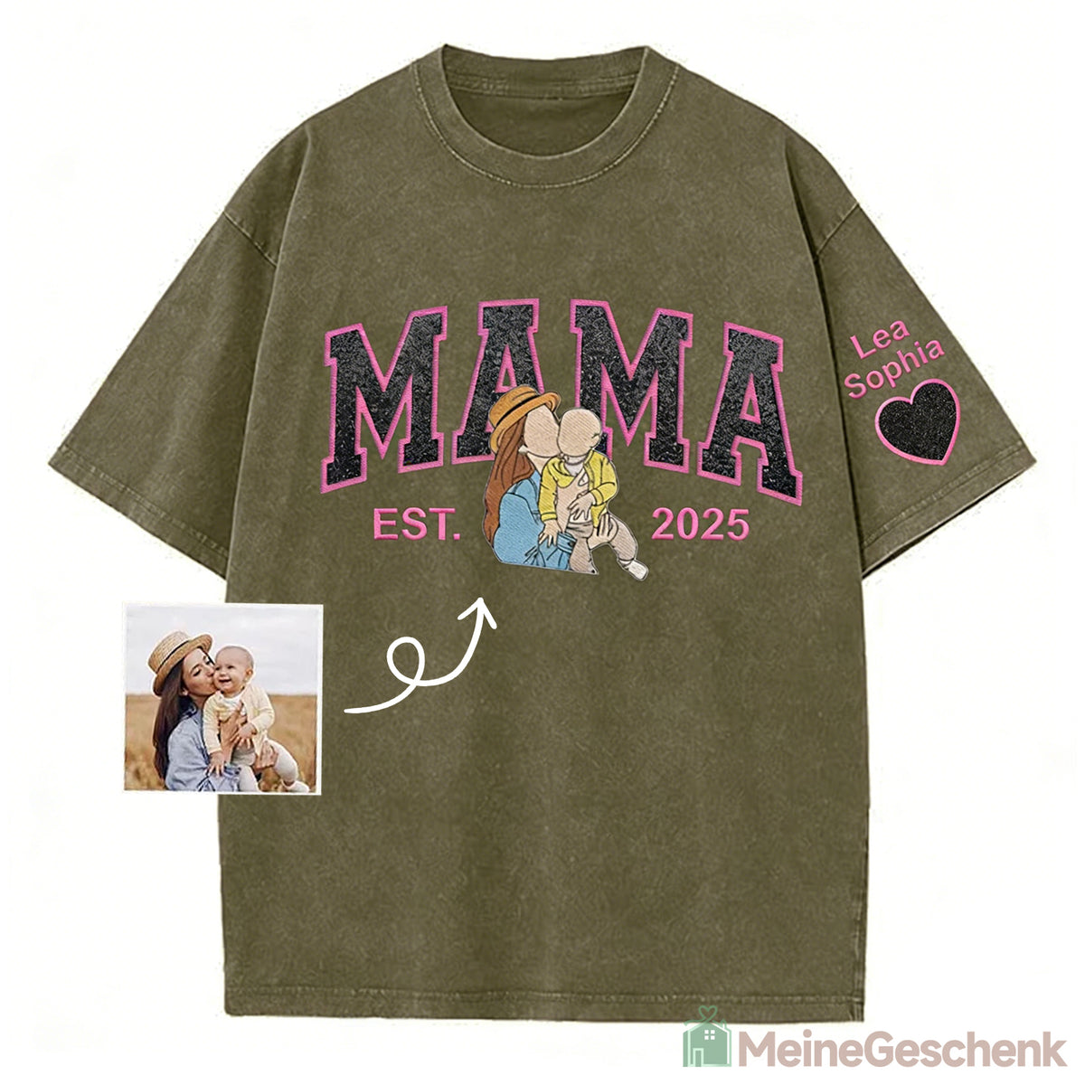 Meinegeschenk Personalisiertes Mama Kids Porträt-Glitzerstickerei Waschungs T-Shirt