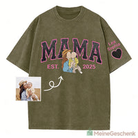 Meinegeschenk Personalisiertes Mama Kids Porträt-Glitzerstickerei Waschungs T-Shirt