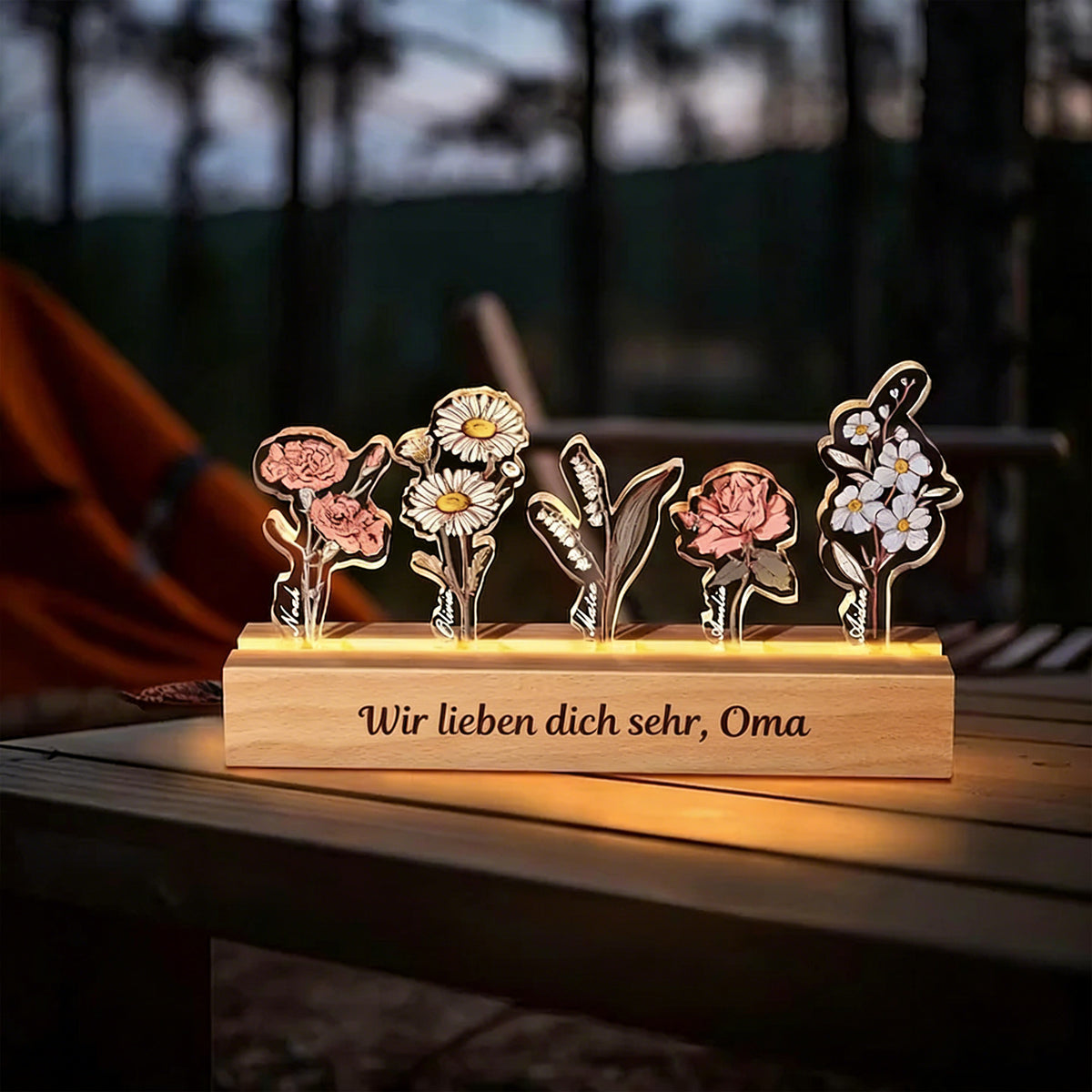 Persönlichkeitsbezogenes Geburtsblumen-3D-Kristall-Acryl-LED-Licht mit den Namen der Kinder