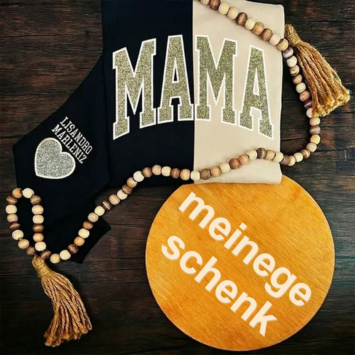 Individuell gestaltetes, zweifarbiges, schimmerndes, besticktes Mama-Sweatshirt, das mit dem Namen Ihres Kindes bestickt werden kann