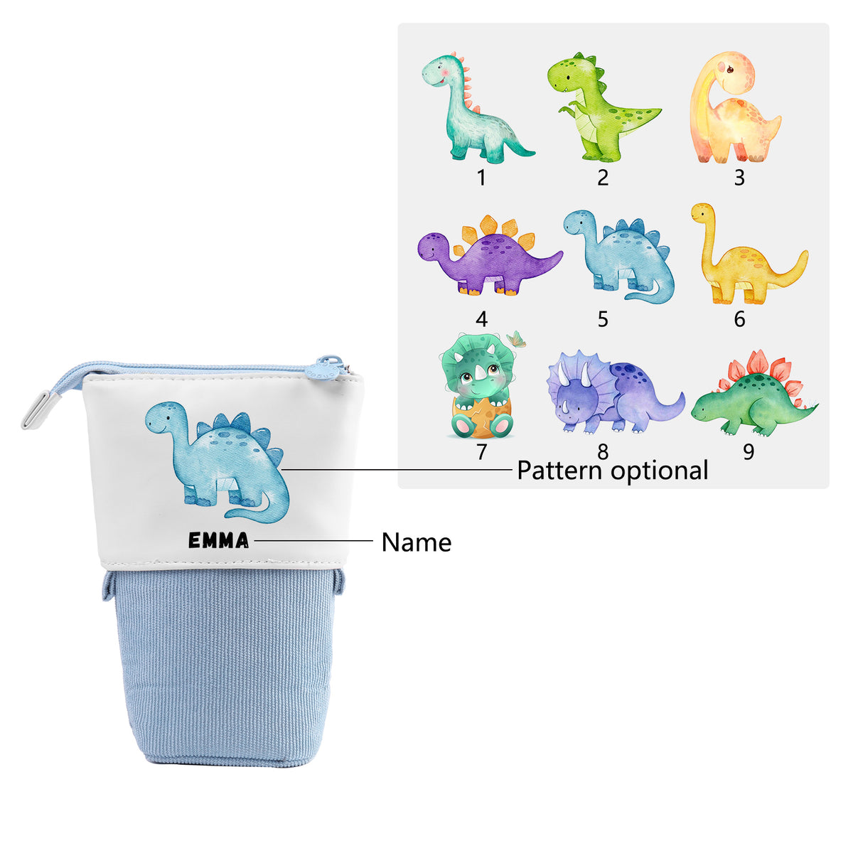 Personalisierter Name & Dinosauriertyp Leinwand PU-Leder Stifteetui Stifttasche