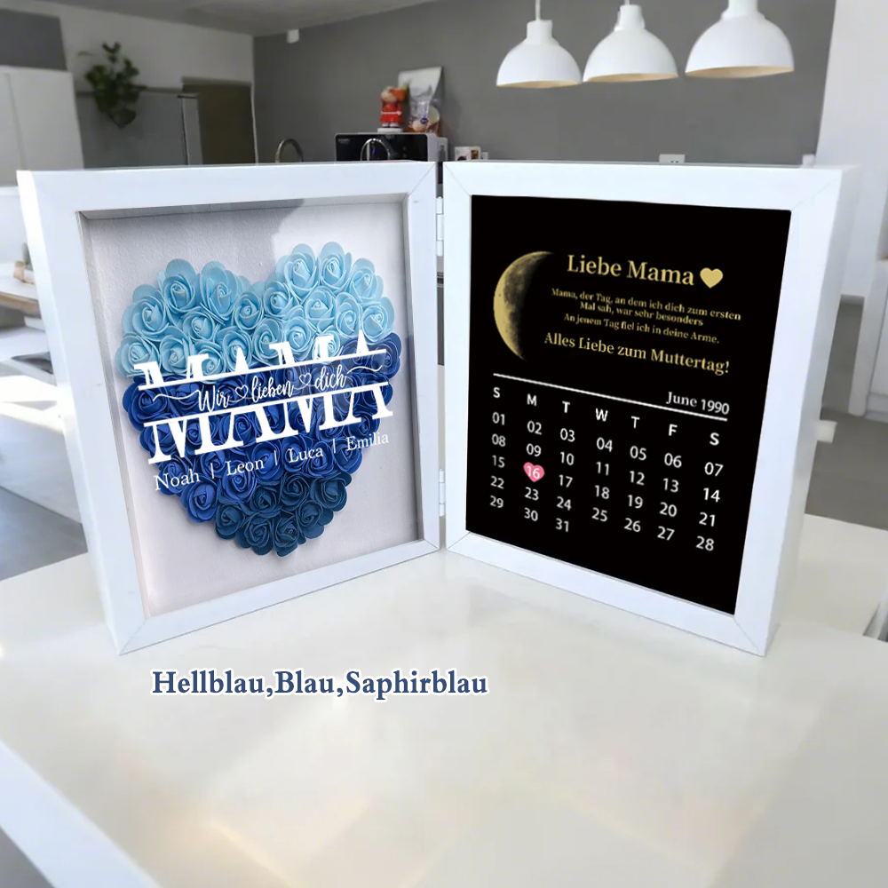 Mama, wir lieben dich – Personalisierter faltbarer Blumen-3D-Schaukasten mit echten Mondphasen & Jahrestagskalender(nachhaltig hergestellt）