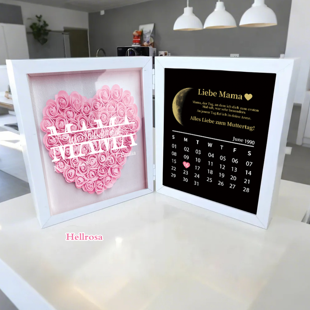 Mama, wir lieben dich – Personalisierter faltbarer Blumen-3D-Schaukasten mit echten Mondphasen & Jahrestagskalender(nachhaltig hergestellt）