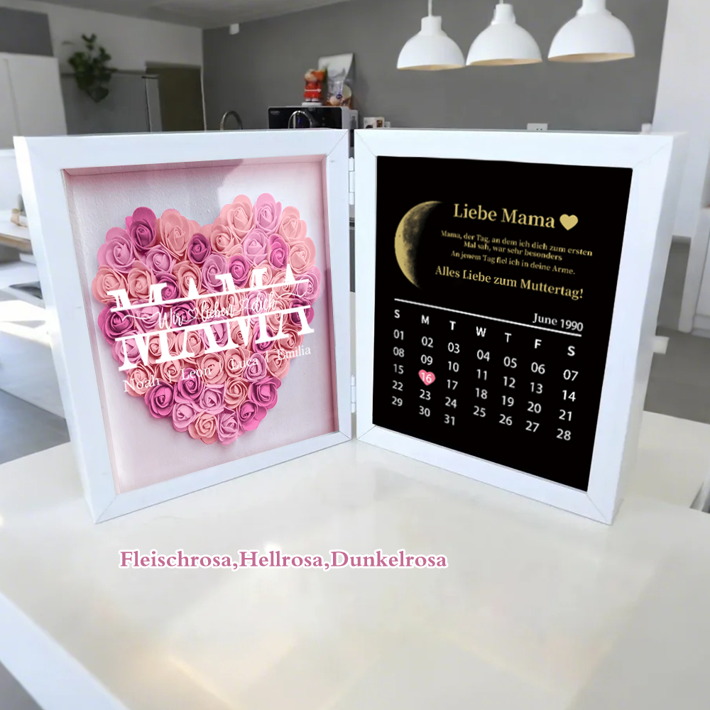 Mama, wir lieben dich – Personalisierter faltbarer Blumen-3D-Schaukasten mit echten Mondphasen & Jahrestagskalender(nachhaltig hergestellt）