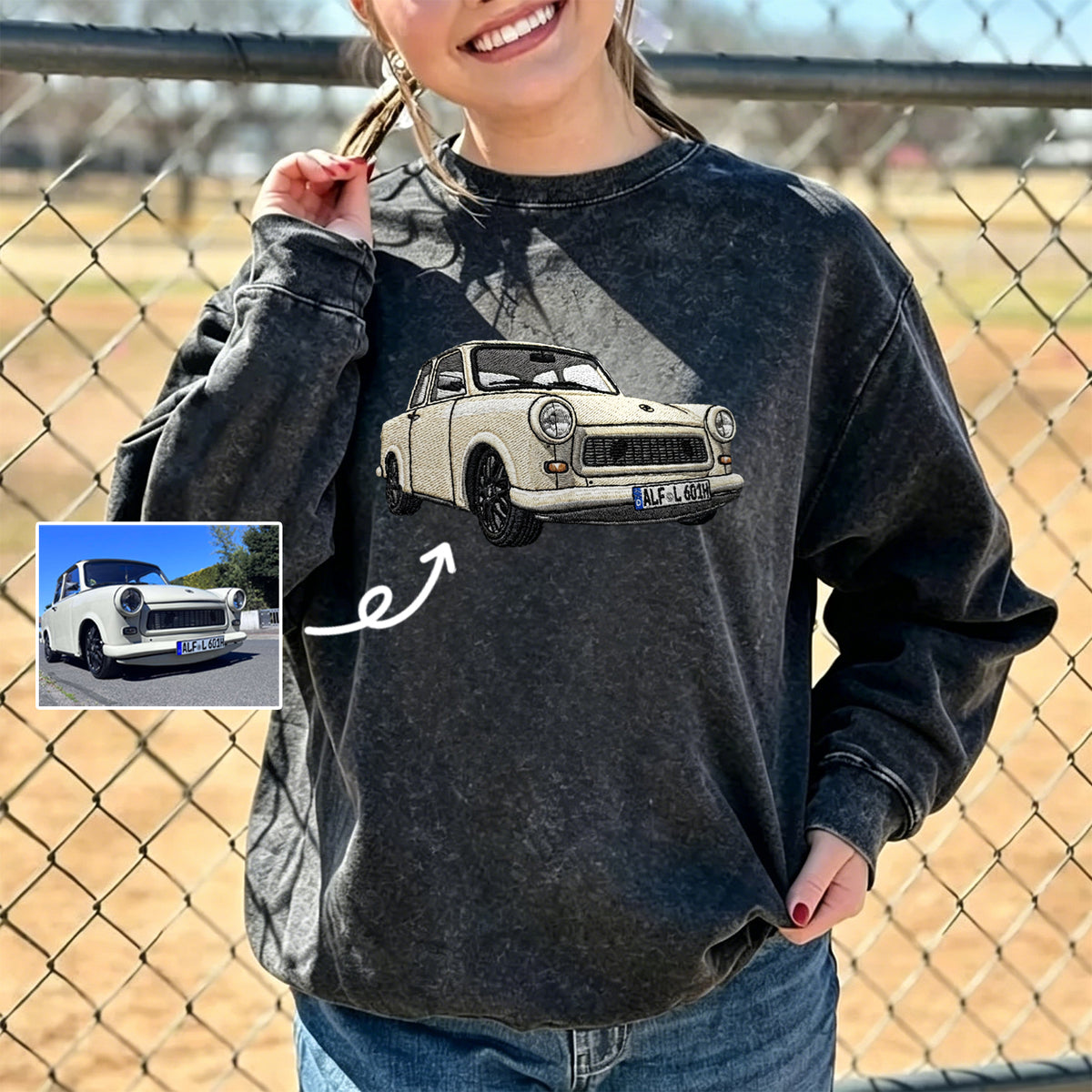 Gewaschener Vintage-Kapuzenpullover mit beidseitiger Auto-Stickerei