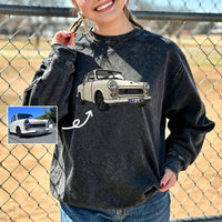 Gewaschener Vintage-Kapuzenpullover mit beidseitiger Auto-Stickerei