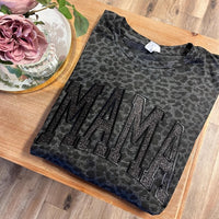 Besticktes Leoparden-Mama-Shirt, schwarzes Glitzer-T-Shirt, einfarbiges Muttertagsgeschenk für Mama