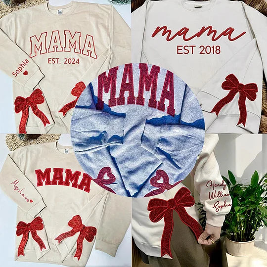 Personalisiertes Mama-Sweatshirt mit Glitzer-Seitenschleife und Stickerei