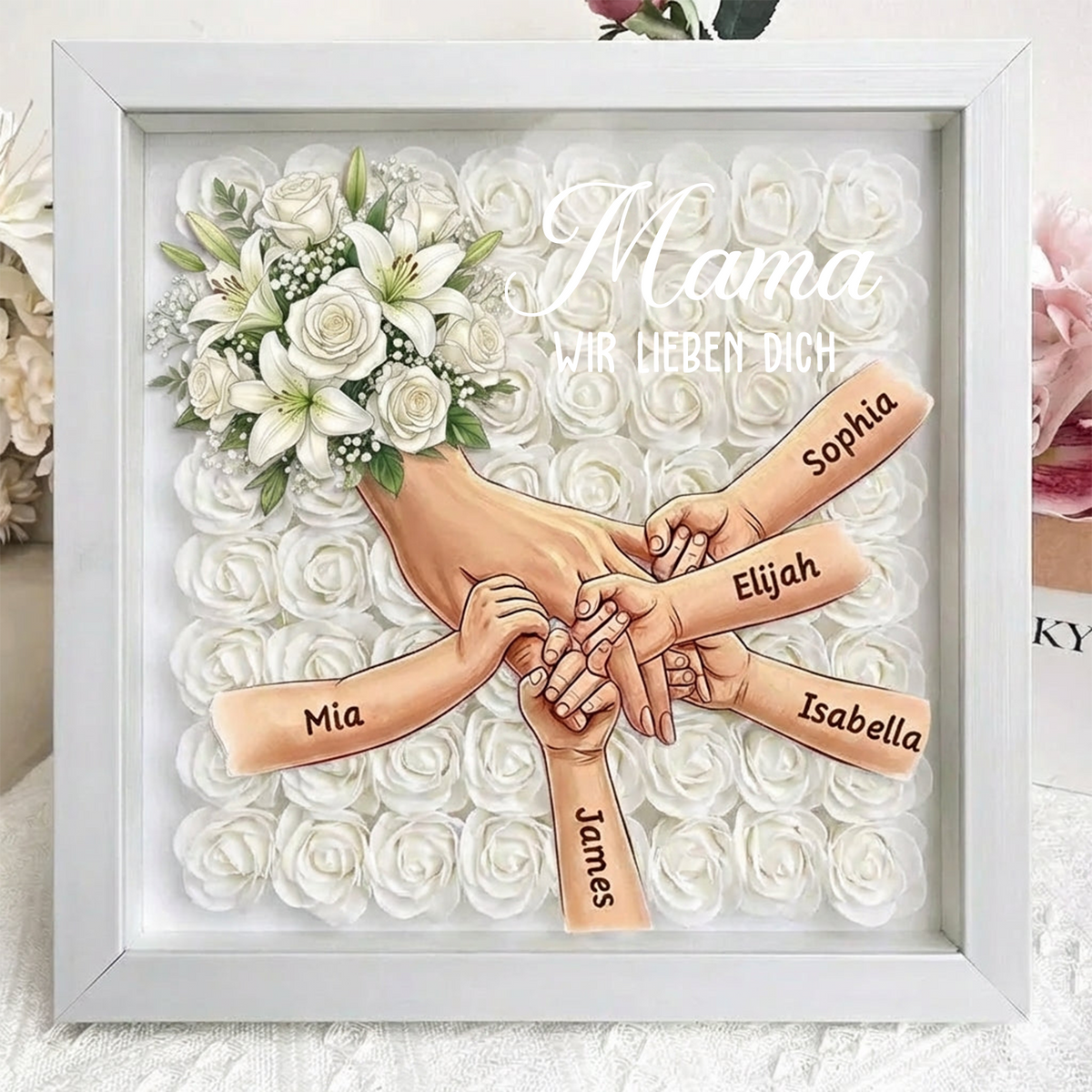 Personalisierte Erinnerungsbox „Wir sind immer bei dir“ – Individuell gestalteter Rahmen mit Händchen haltenden Müttern, Geschenk zum Muttertag