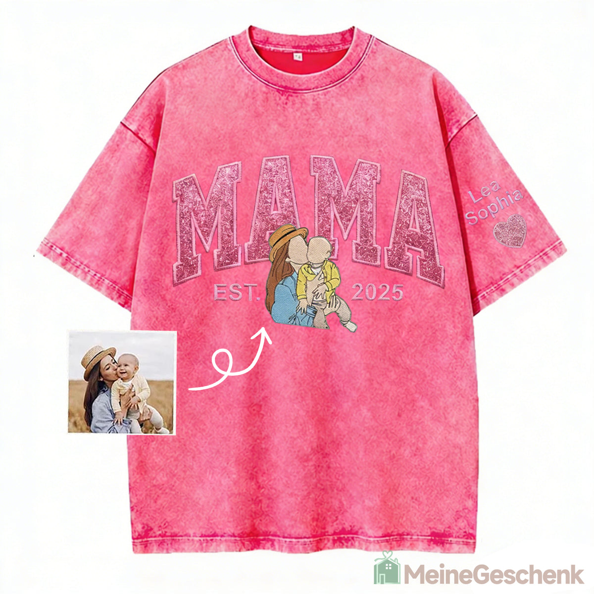 Meinegeschenk Personalisiertes Mama Kids Porträt-Glitzerstickerei Waschungs T-Shirt