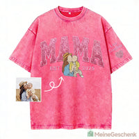 Meinegeschenk Personalisiertes Mama Kids Porträt-Glitzerstickerei Waschungs T-Shirt
