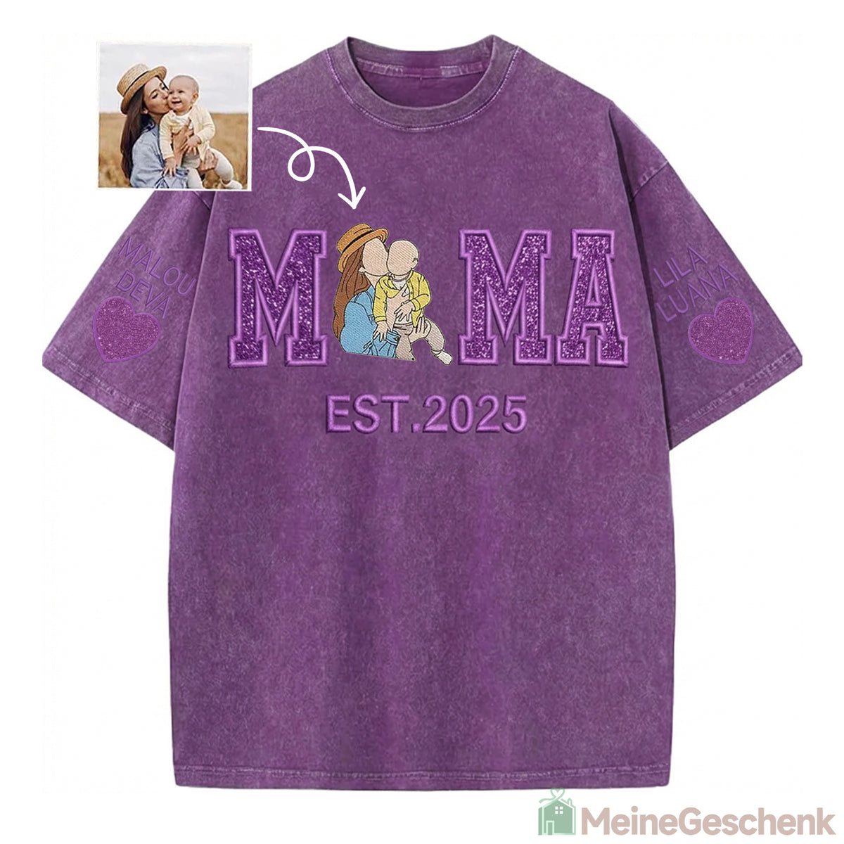 Meinegeschenk Mama Paillettenbesticktes Fotoporträt Gewaschenes T-Shirt