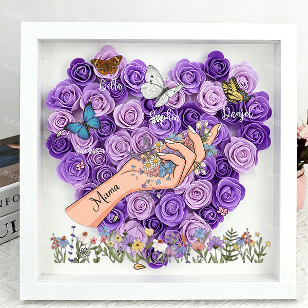 Mamas Garten Schattenbox – Personalisierter Herz-Blumenrahmen mit Kindernamen, Schmetterlings-Familiengeschenk zum Muttertag