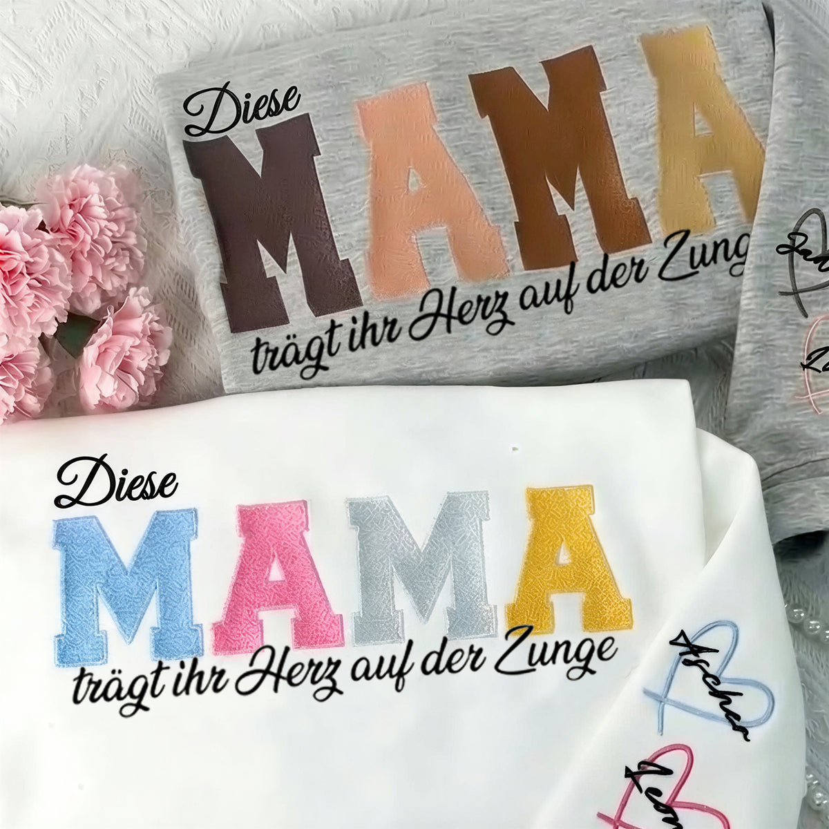 [Stickerei] Individuell besticktes Sweatshirt „Mama trägt ihr Herz auf dem Ärmel“, Muttertagsgeschenk