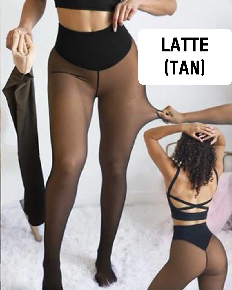 Damen Strumpfhose mit Fleecefutter - warme hochtaillierte Wärme-Strumpfhose mit durchscheinender Optik