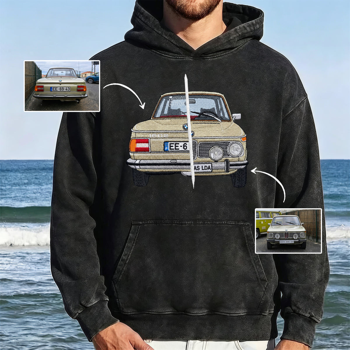 Individuelles Autofoto auf den Hoodie gestickt – Bestickter Auto-Hoodie für Autoliebhaber