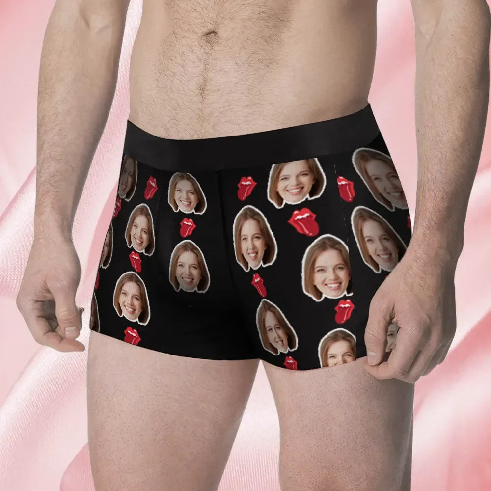 Benutzerdefinierte Gesicht Herren Boxer Kuss Lippe Geschenk für ihn Paar Stil Unterwäsche, Geburtstagsgeschenke für Ehemann, Bund Text Boxer Geschenk