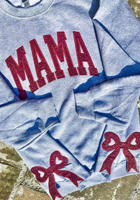 Mama-Sweatshirt mit Glitzer und seitlicher Schleife, benutzerdefinierte Stickerei