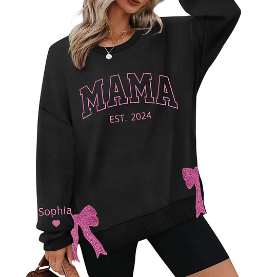 Mama-Sweatshirt mit Glitzer und seitlicher Schleife, benutzerdefinierte Stickerei