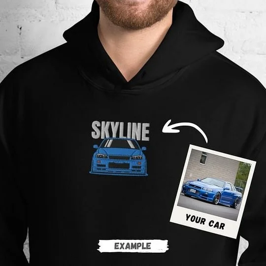 Bestickter, personalisierter Auto-Hoodie und T-Shirt mit deinem eigenen Fahrzeug – Geschenkidee für Autoliebhaber
