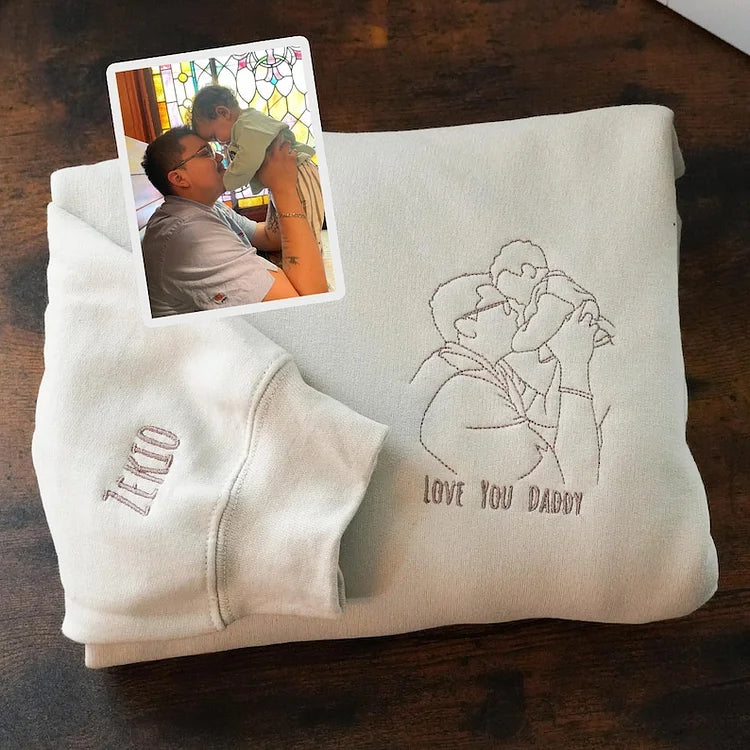 Personalisiertes Papa-Fotoshirt – Besticktes Porträt von Papa & Kindern – Individuelles Erinnerungsgeschenk zum Vatertag