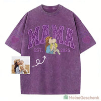 Meinegeschenk Personalisiertes Mama Kids Porträt-Glitzerstickerei Waschungs T-Shirt