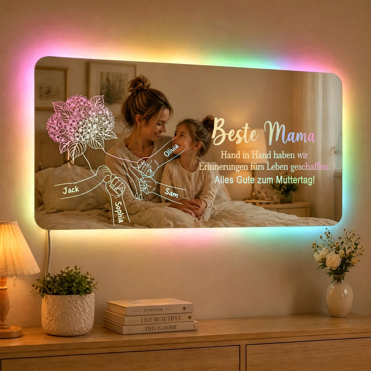 Individuelles Spiegellicht Mama hält Händchen, Personalisiertes Muttertagsgeschenk