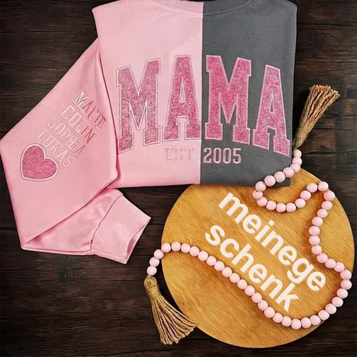 Individuell gestaltetes, zweifarbiges, schimmerndes, besticktes Mama-Sweatshirt, das mit dem Namen Ihres Kindes bestickt werden kann