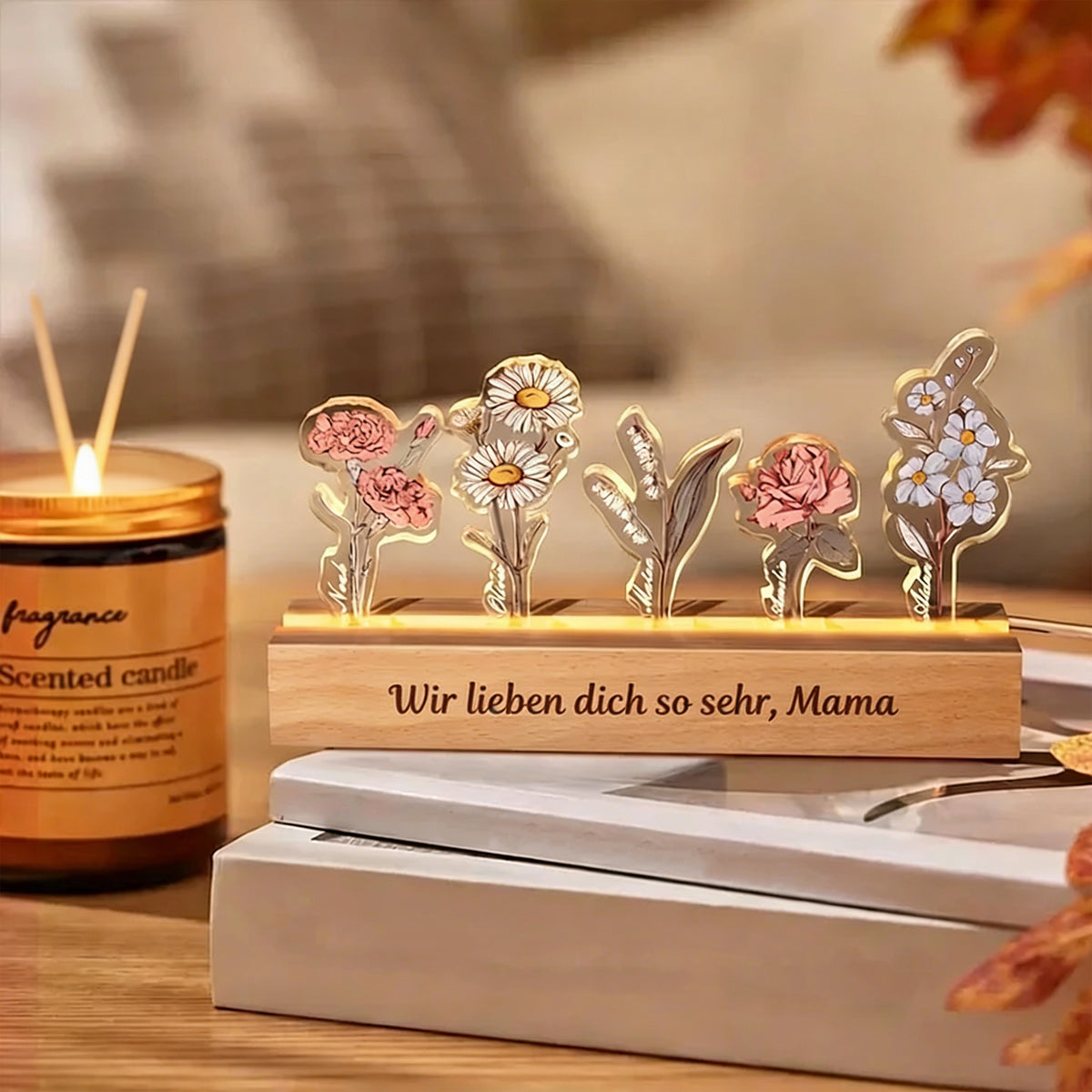 Persönlichkeitsbezogenes Geburtsblumen-3D-Kristall-Acryl-LED-Licht mit den Namen der Kinder