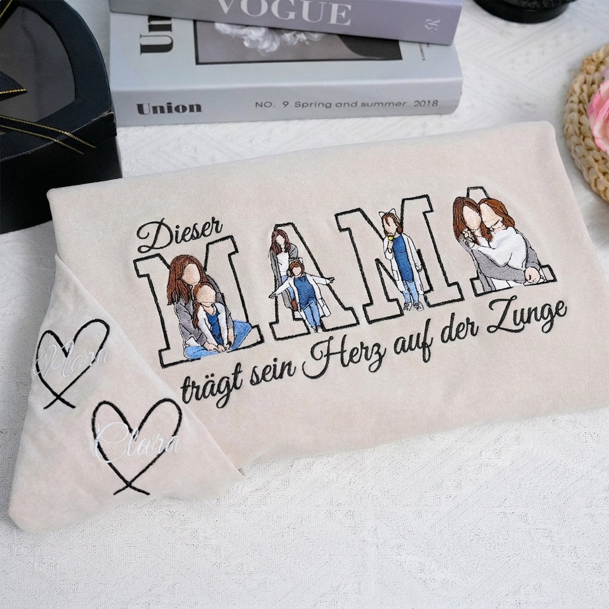 Trag dein Herz auf dem Ärmel – Personalisiertes Mama-Sweatshirt mit bestickten Kindernamen