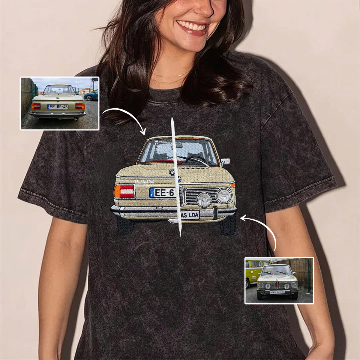 Individuelles Autofoto auf den Hoodie gestickt – Bestickter Auto-Hoodie für Autoliebhaber