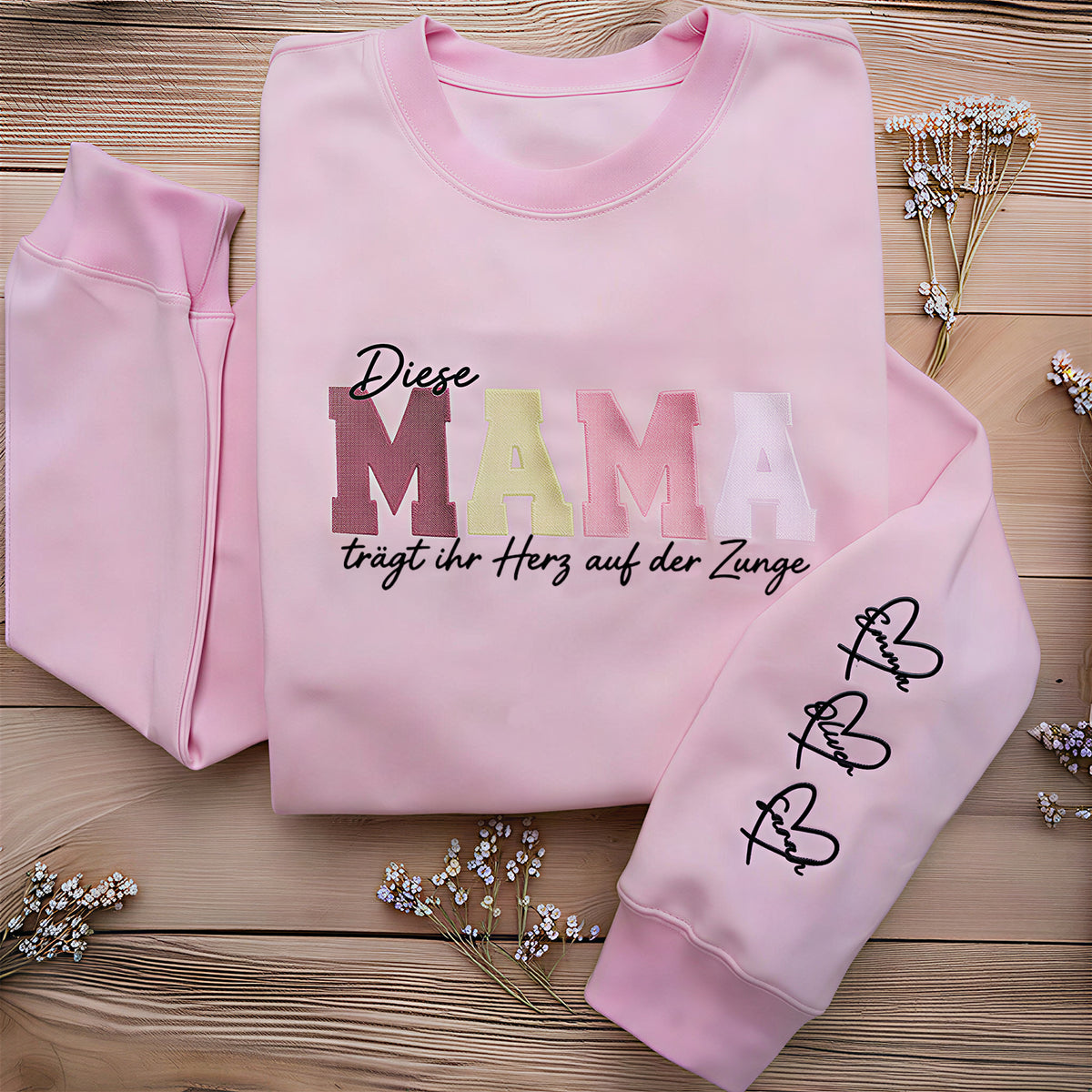 [Stickerei] Individuell besticktes Sweatshirt „Mama trägt ihr Herz auf dem Ärmel“, Muttertagsgeschenk