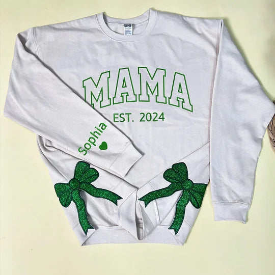 Personalisiertes Mama-Sweatshirt mit Glitzer-Seitenschleife und Stickerei