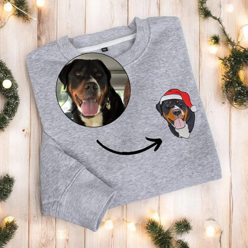 Weihnachts-Benutzerdefiniertes Haustier-Gesichtsfarben-Porträt, Weihnachtsmann-Urlaubs-Sweatshirt mit Rundhalsausschnitt