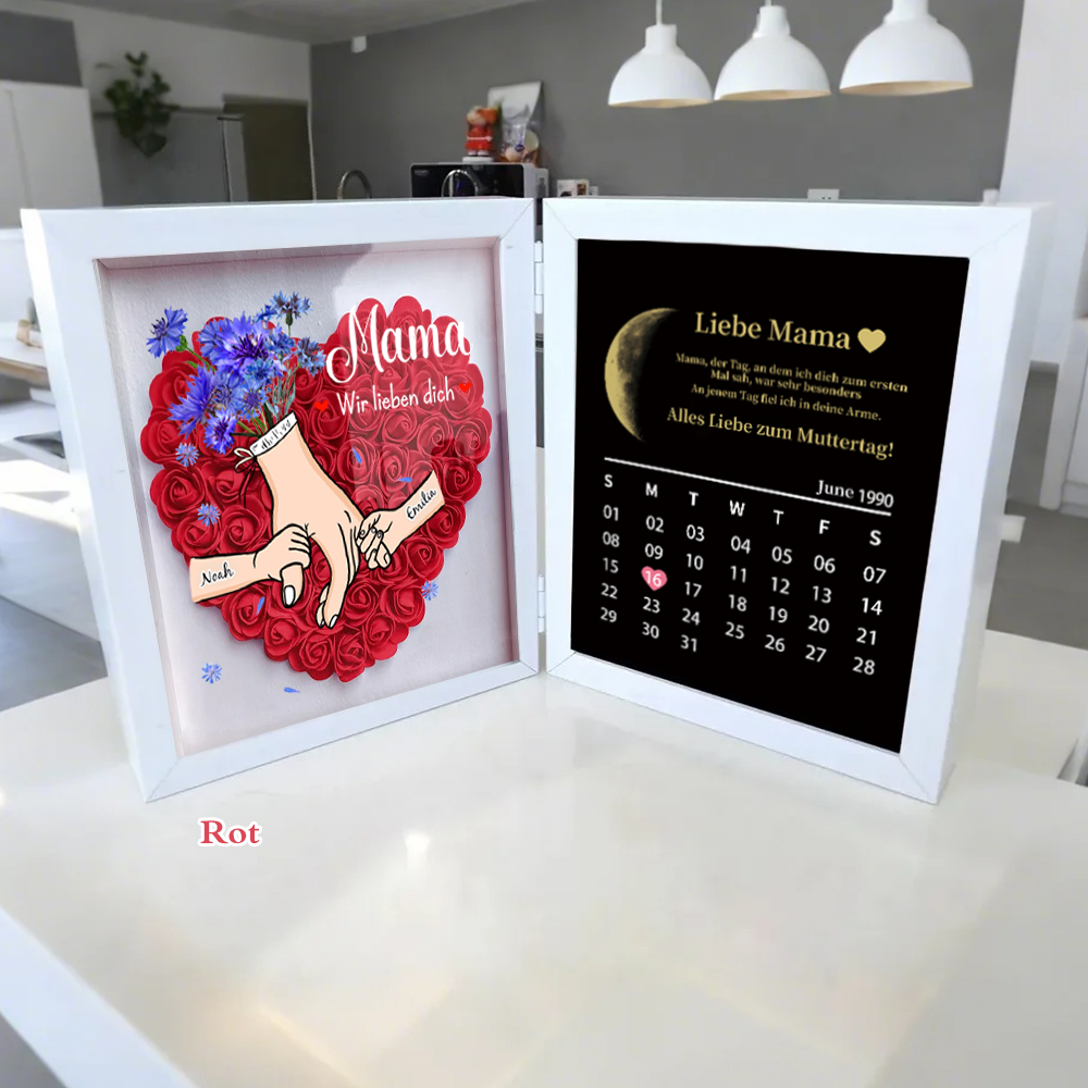 Ewige Familienliebe – Personalisierter 3D-Blumenschaukasten für Mama & Oma mit echten Mondphasen und Jahrestagskalender(nachhaltig hergestellt）